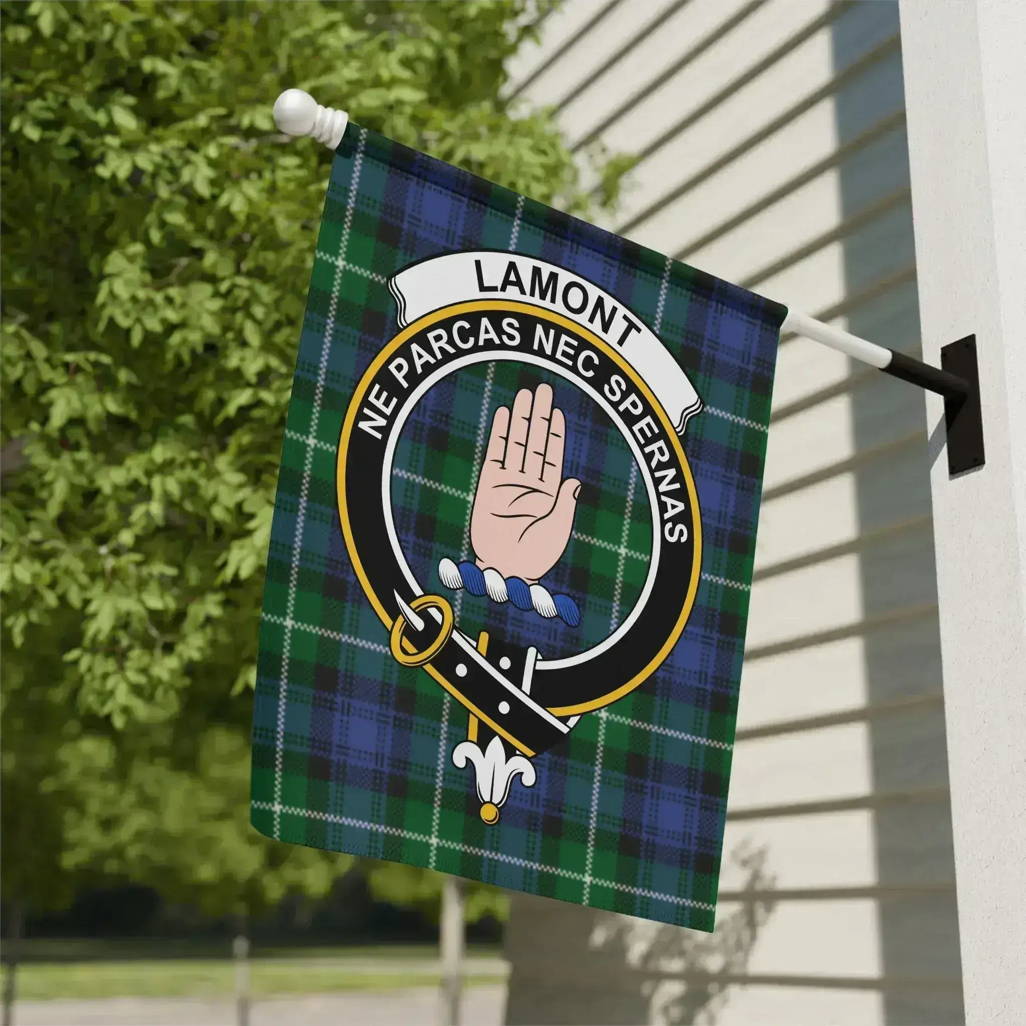 Lamont clan crest tartan garden flag 12x18 inches — poly poplin-canvas with Ne Parcas Nec Spernas design