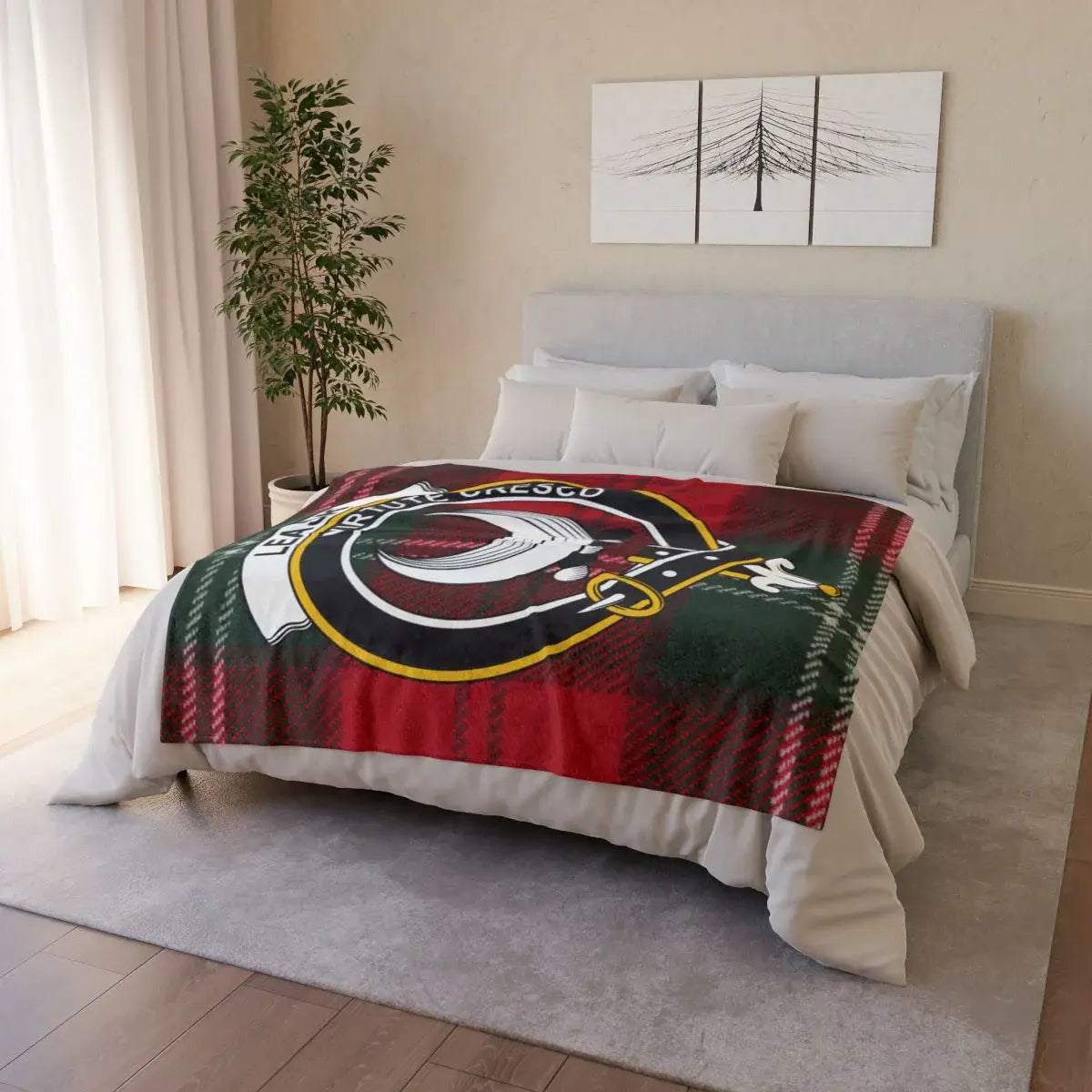 Clan MacRae Tartan Bedspread with Crest for Cozy Room Decor