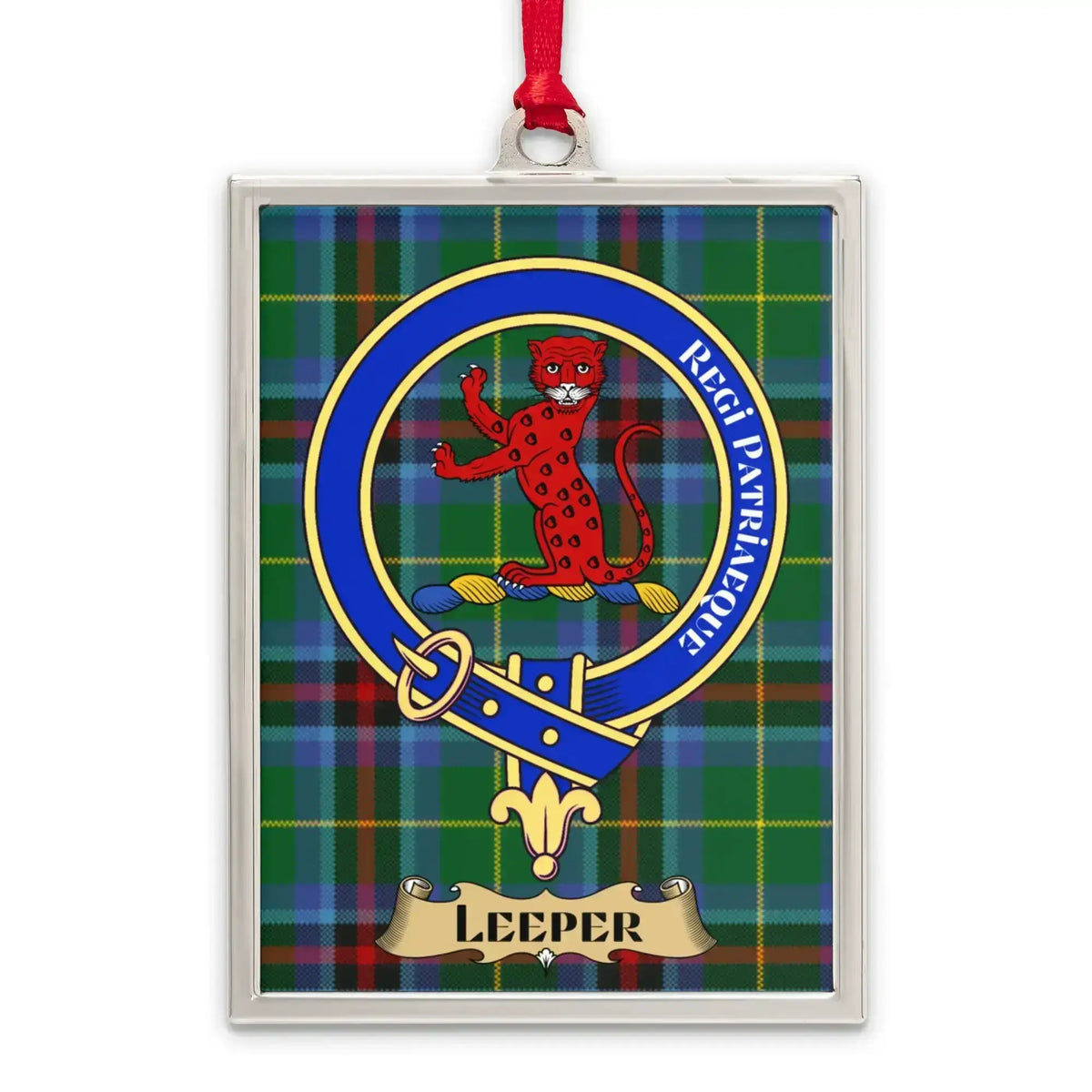 Leeper tartan-background crest ornament shown as a Scottish heritage keepsake gift