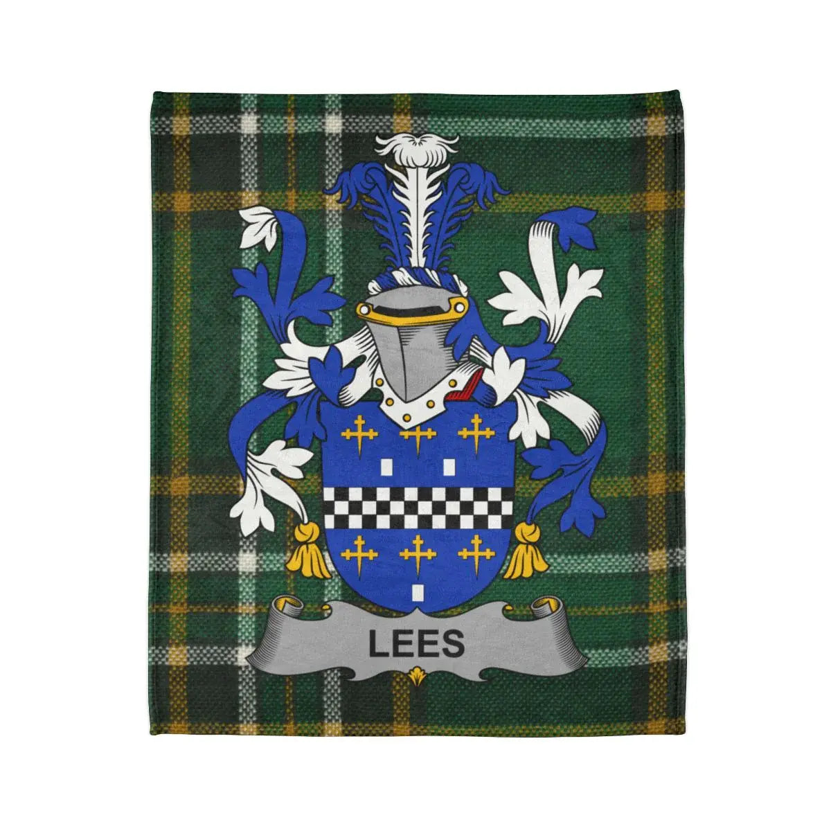 LEES Family Crest on Green Tartan Blanket Design