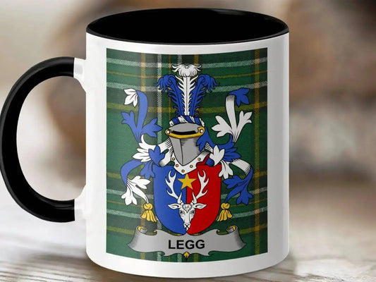 Legg Surname Family Crest Irish Tartan Mug - Celtic Ancestry Gifts