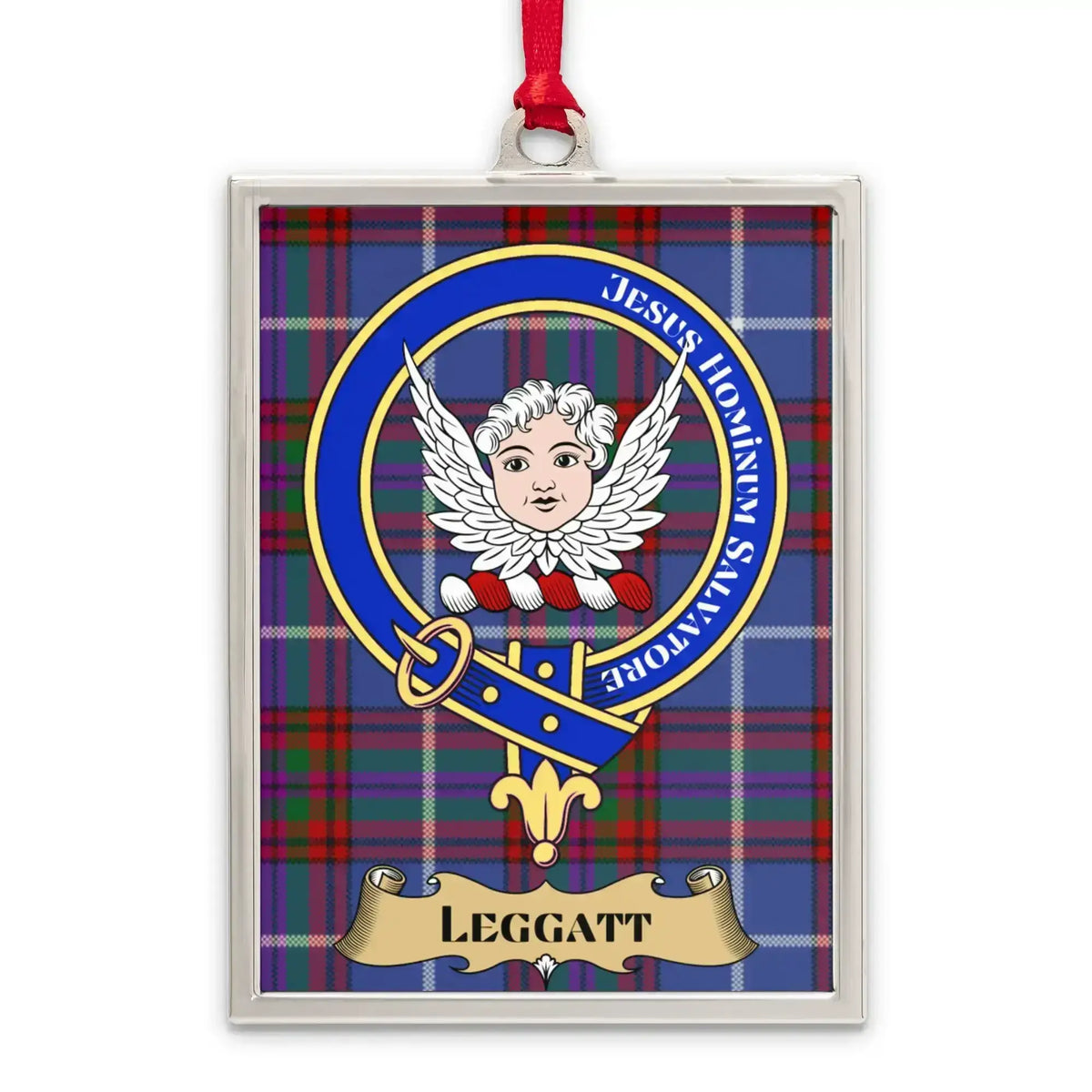 Leggatt tartan-background crest ornament shown as a Scottish heritage keepsake gift