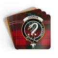 Clan Lennox tartan crest coaster set — 3.75 inch square cork base with I'll Defend motto print