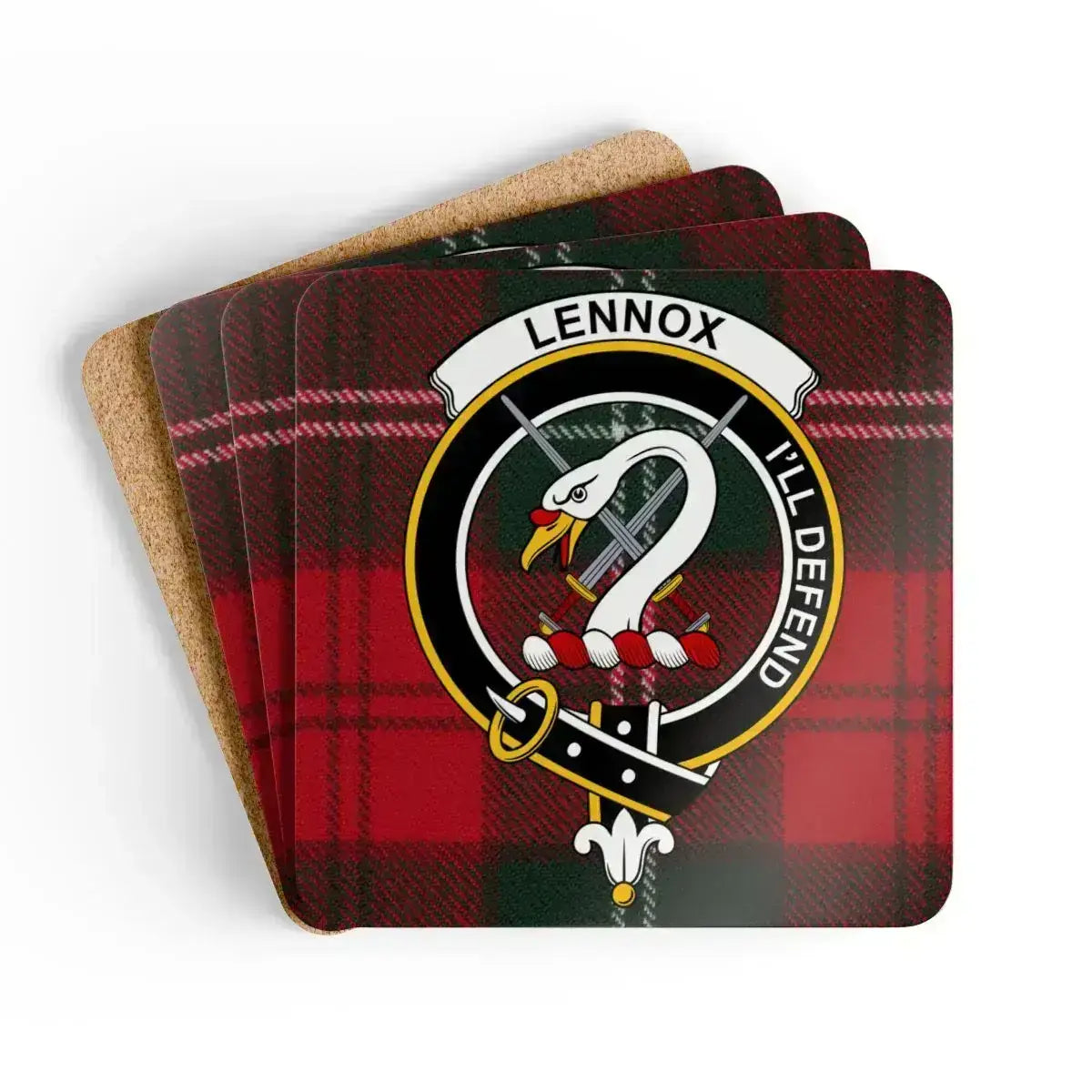 Clan Lennox tartan crest coaster set — 3.75 inch square cork base with I'll Defend motto print