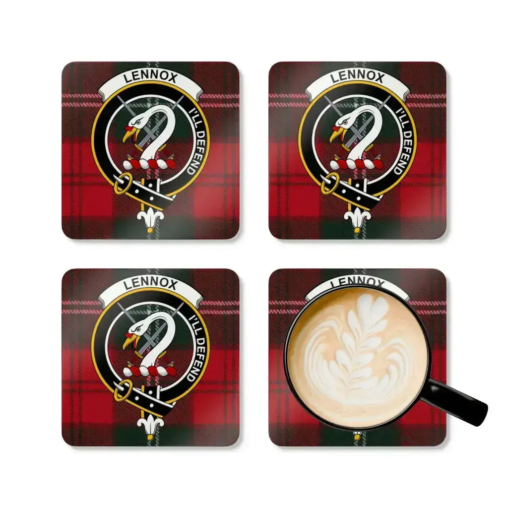 Clan Lennox crest coaster — glossy full colour tartan design on square cork coaster