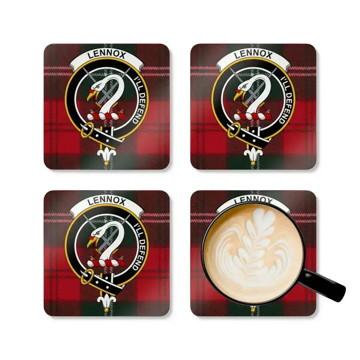 Clan Lennox crest coaster — glossy full colour tartan design on square cork coaster