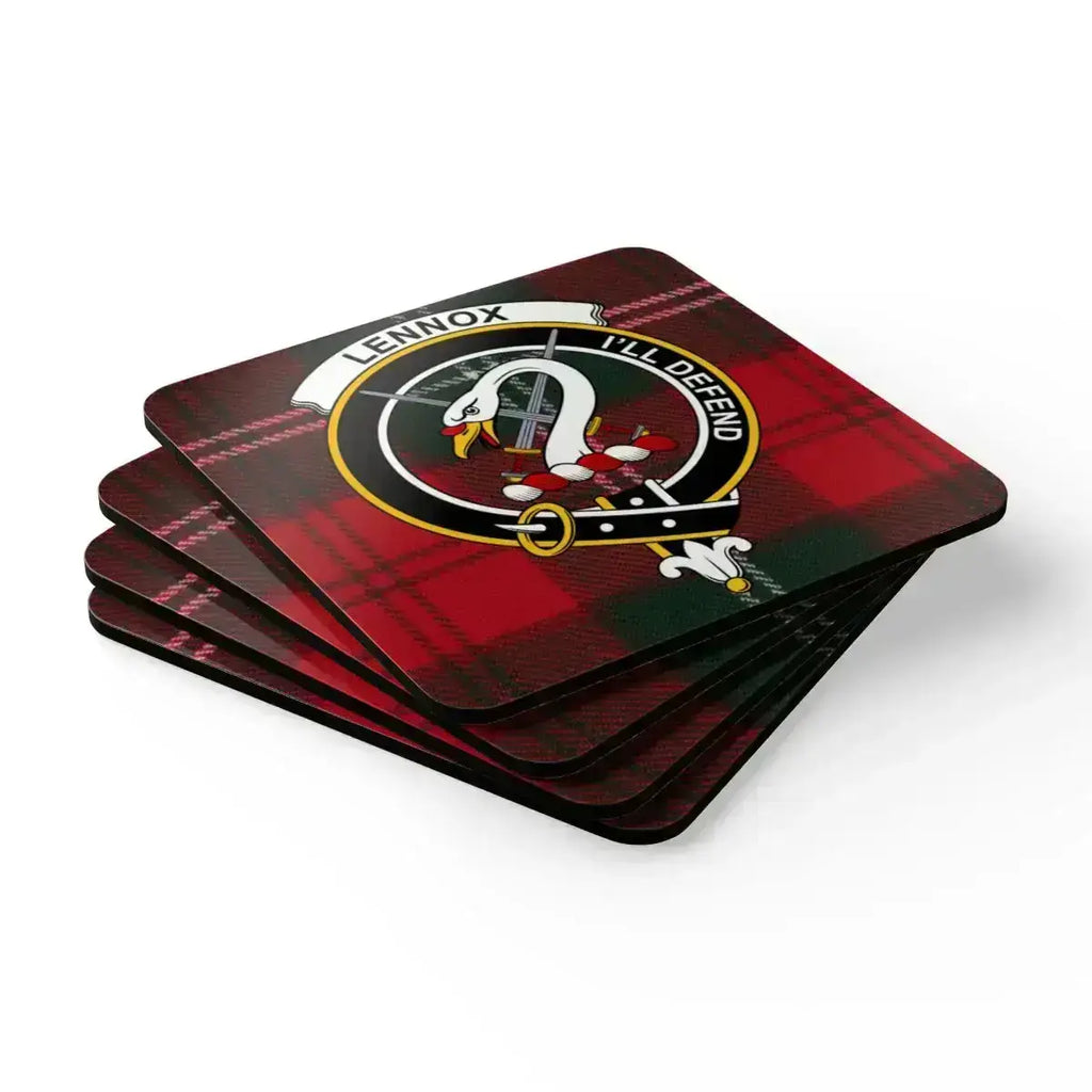 Clan Lennox crest coaster — I'll Defend motto on 3.75 inch square cork coaster