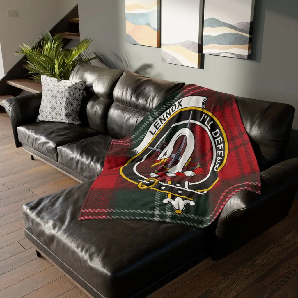 Clan Lennox tartan throw blanket — 50x60 inch with I'll Defend crest design, lightweight polyester