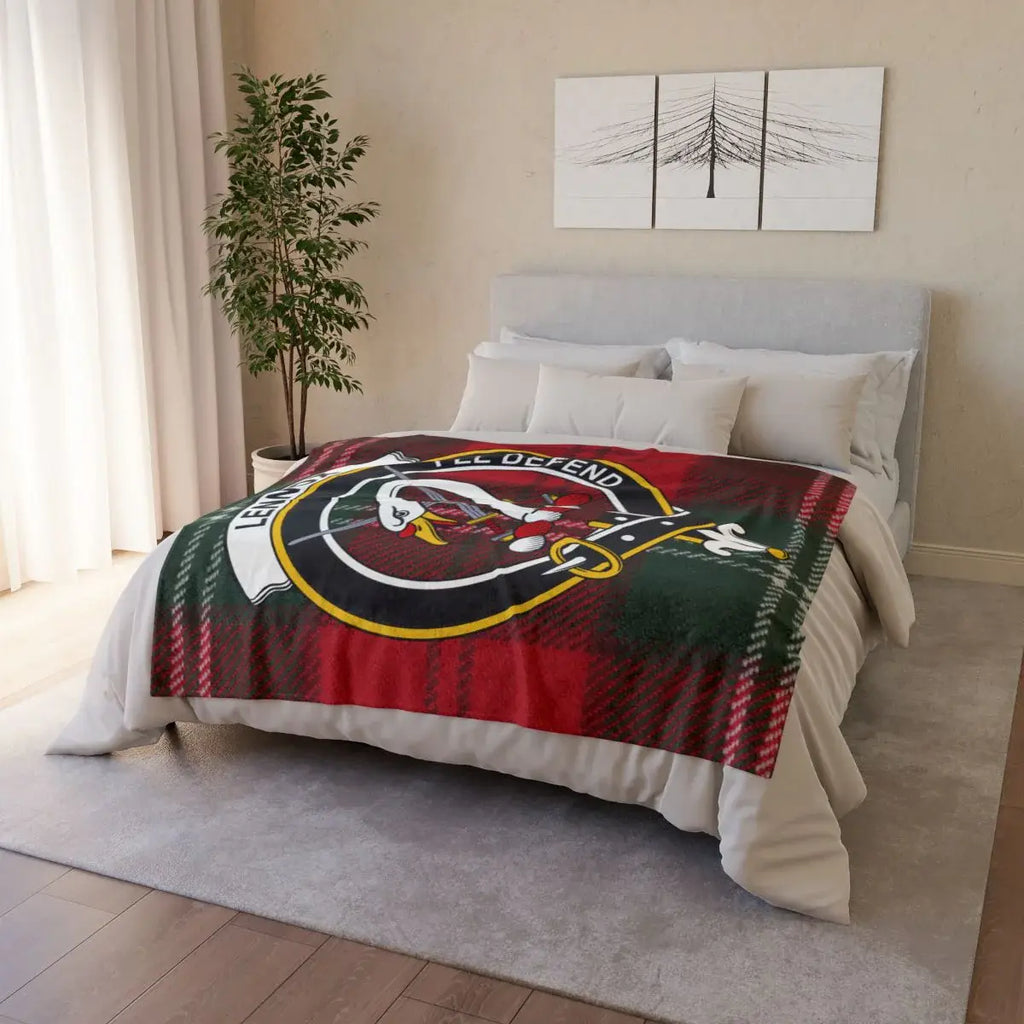 Clan Lennox throw blanket — draped view showing full tartan and clan crest print, hemmed edges