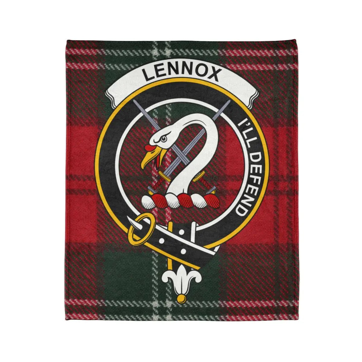 Clan Lennox crest throw blanket — folded view showing tartan pattern and I'll Defend motto