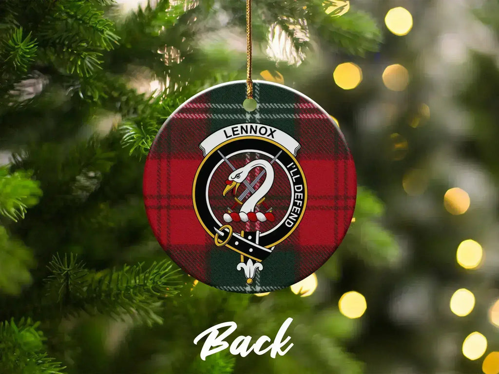 Clan Lennox tartan crest ornament — hanging on Christmas tree, ceramic double-sided print