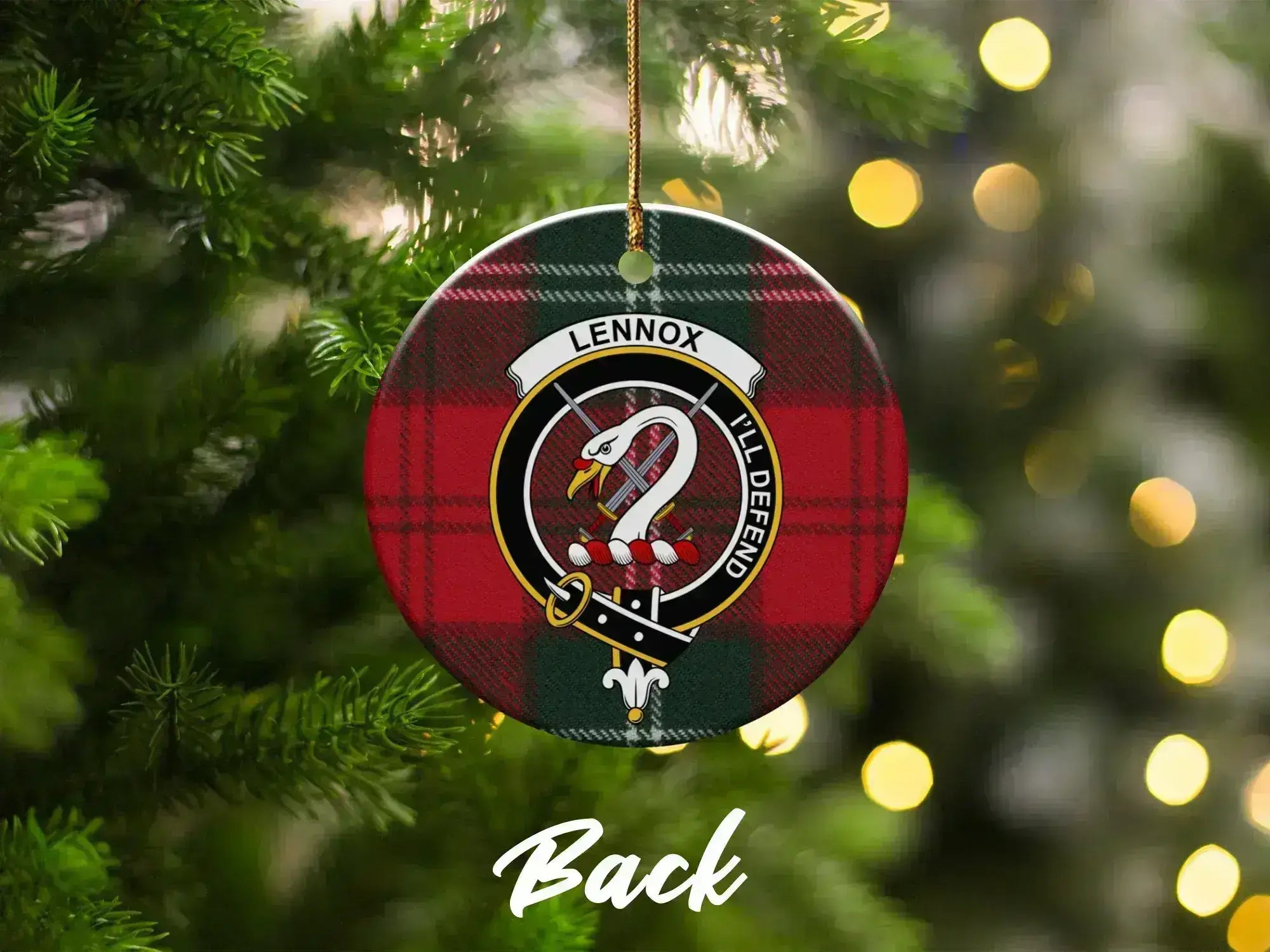 Clan Lennox tartan crest ornament — hanging on Christmas tree, ceramic double-sided print
