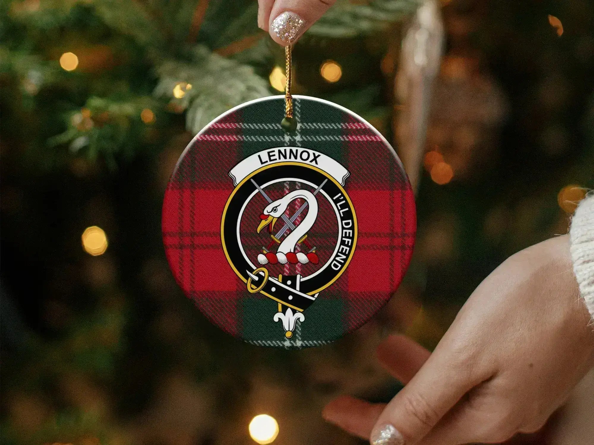 Clan Lennox ceramic ornament — reverse side showing tartan design, 3 inch diameter
