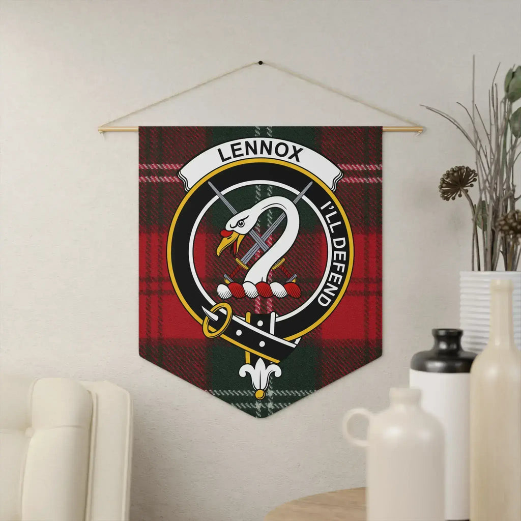 Clan Lennox tartan crest pennant — 18x21 inch polyester twill with I'll Defend motto, wooden dowel display
