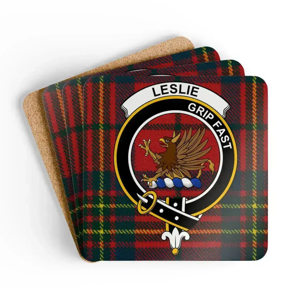 Leslie Grip Fast clan tartan coaster set of 4 — natural cork squares with sealed griffin crest design