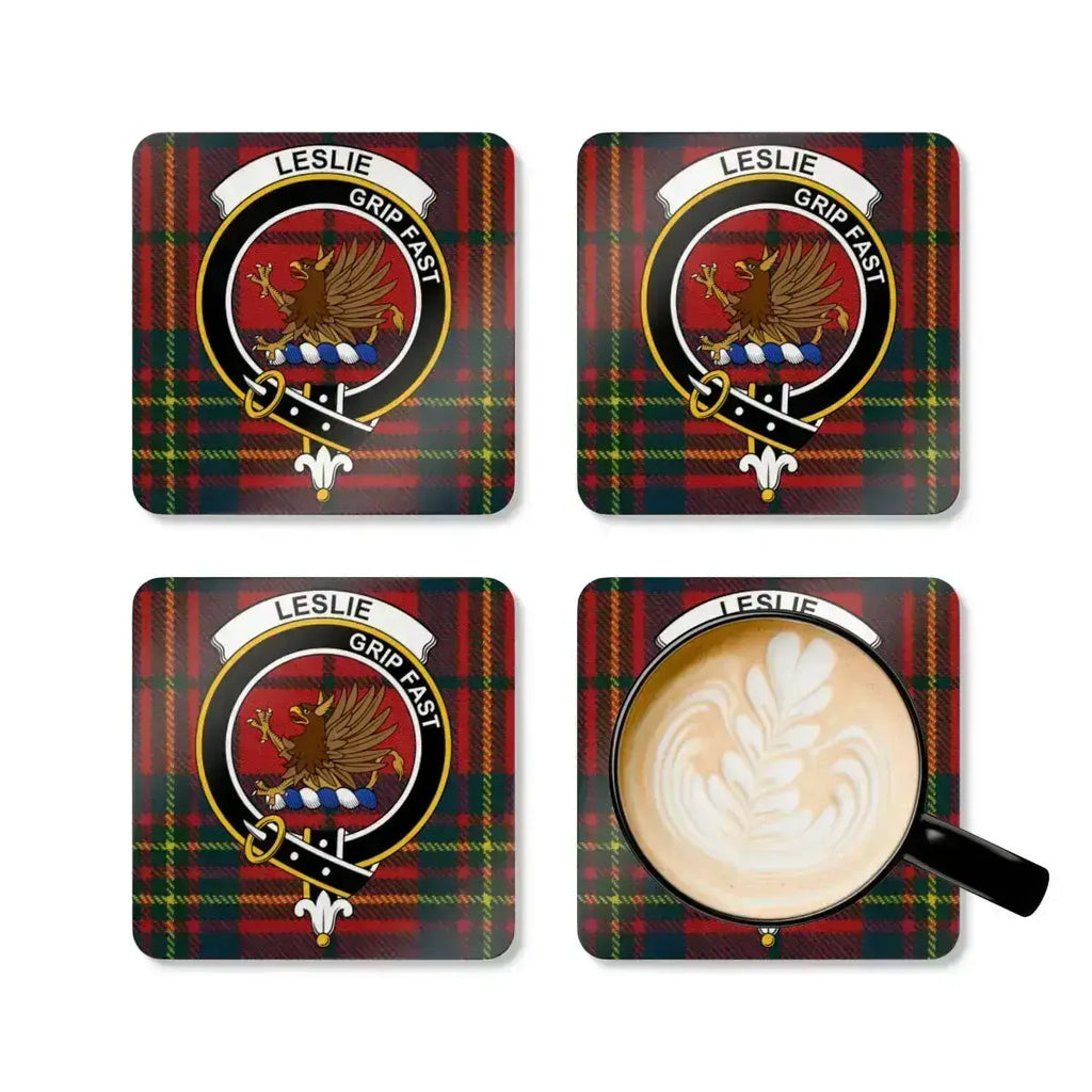 Leslie clan tartan pattern coaster set — four cork coasters with Grip Fast heraldic design
