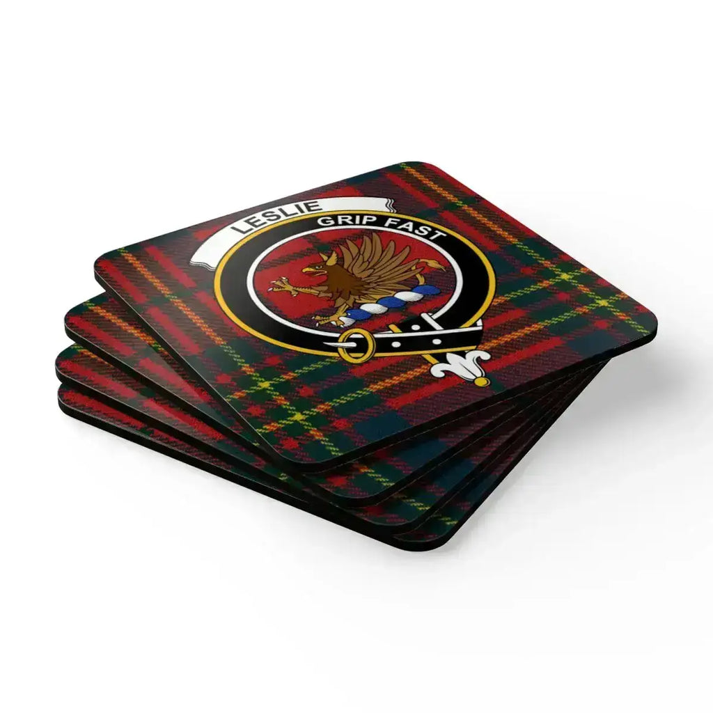 Leslie Scottish tartan clan emblem coasters set — natural cork base, glossy sealed print