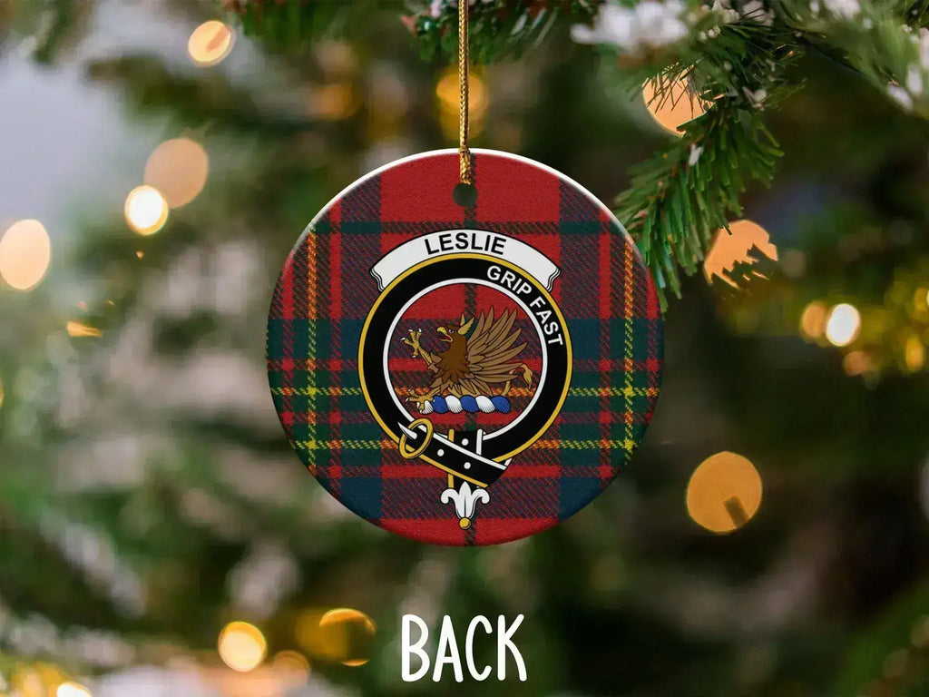 Leslie clan tartan Christmas ornament — 3-inch ceramic disc, gold hanging string