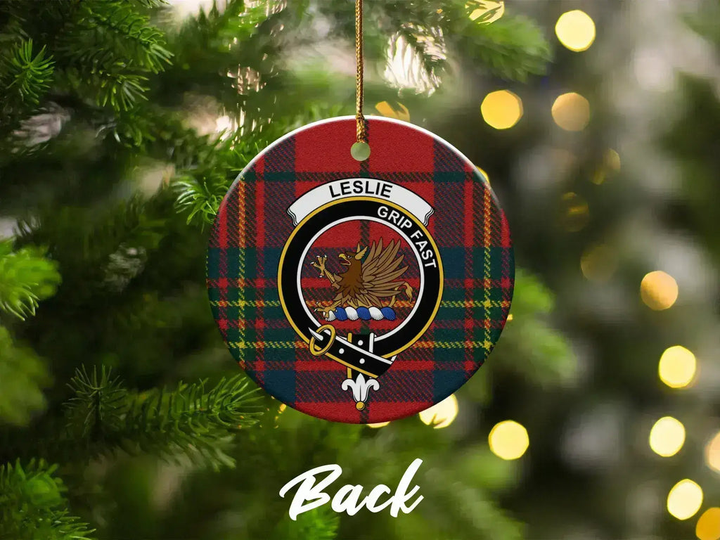 Leslie Scottish clan crest Christmas ornament — double-sided glazed ceramic, 3-inch disc