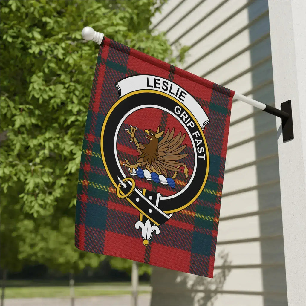 Leslie clan crest tartan garden flag 12x18 inches — poly poplin-canvas with Grip Fast griffin design