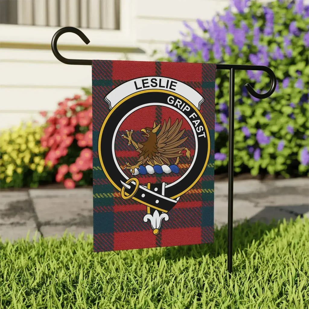 Leslie Grip Fast tartan garden flag 24x32 inches — clan crest on larger outdoor size