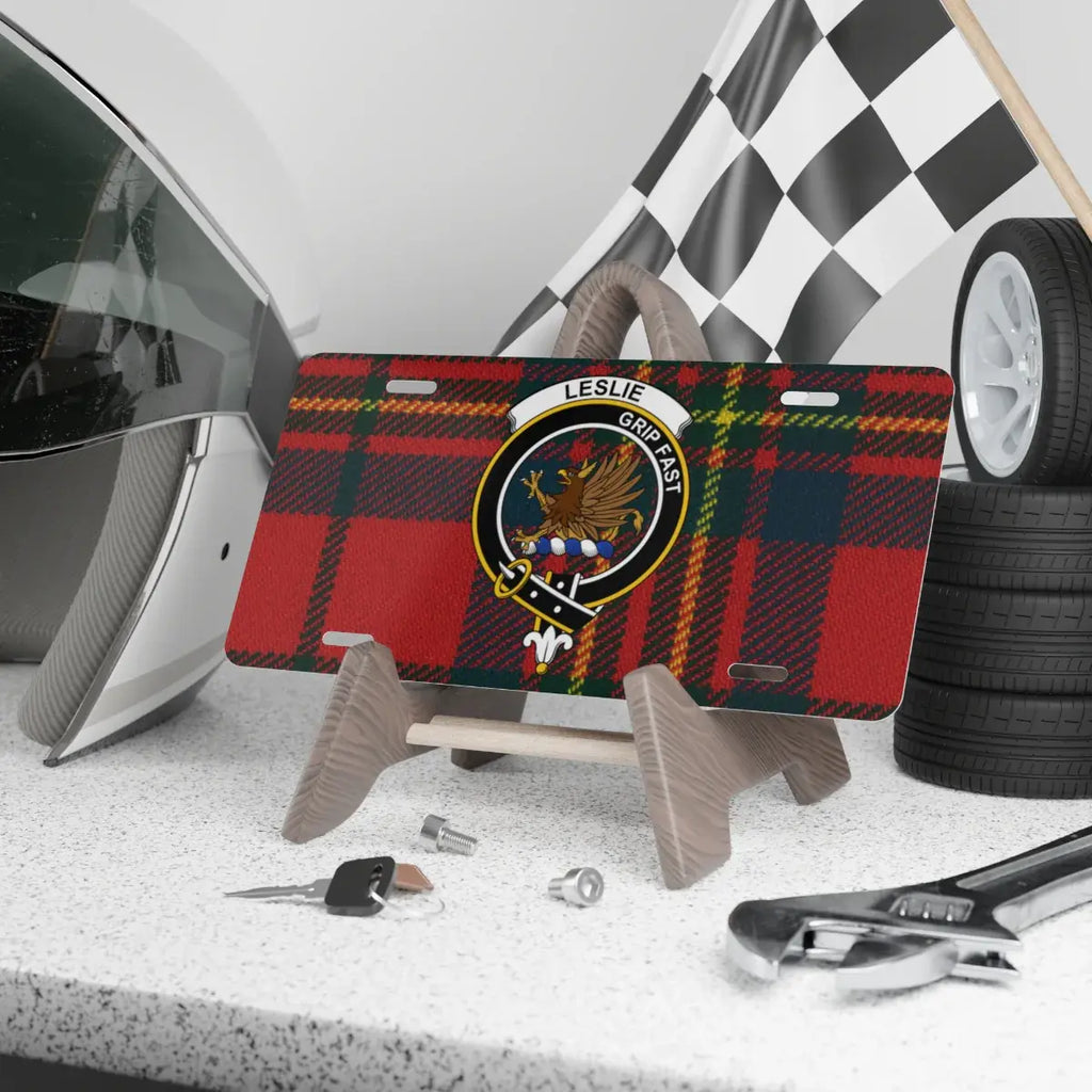 Leslie clan crest tartan novelty license plate — 12x6 aluminium with Grip Fast griffin heraldic design
