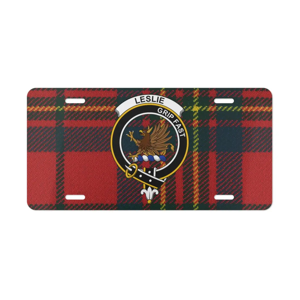 Leslie clan tartan crest design license plate — Grip Fast griffin design on aluminium