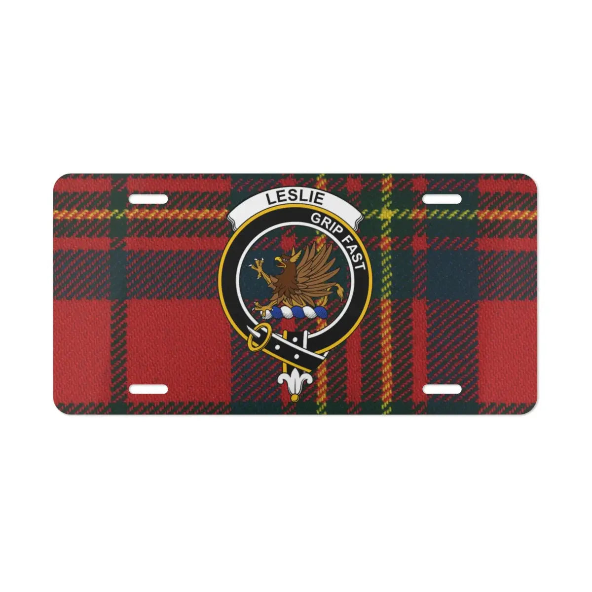 Leslie clan tartan crest design license plate — Grip Fast griffin design on aluminium