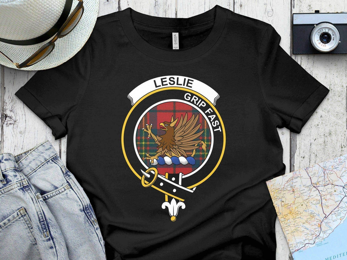 Leslie clan crest tartan t-shirt — Grip Fast griffin heraldic design on 100% cotton