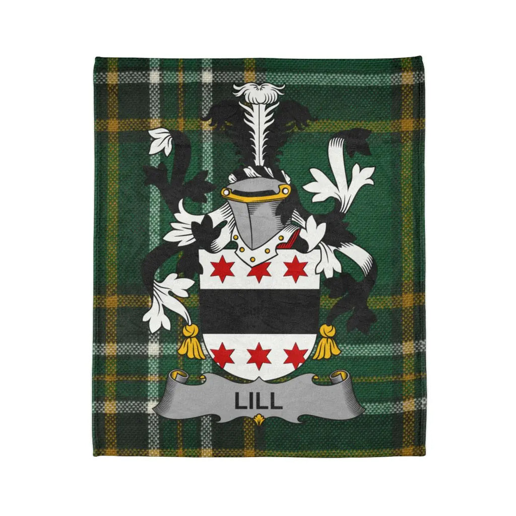 Lill Family Crest on Green Tartan Plaid Blanket
