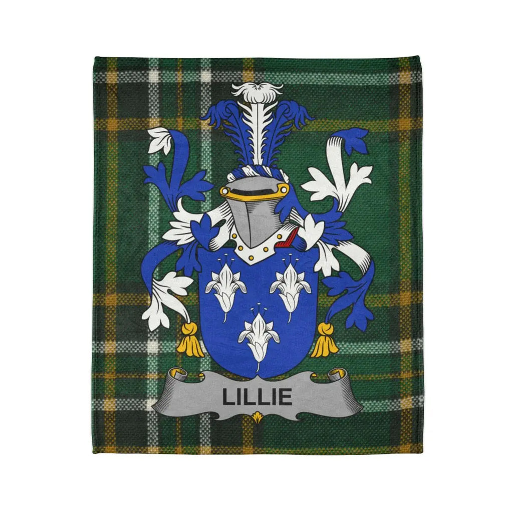 Lillie Family Crest Coat of Arms with Tartan Background