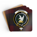 Lindsay clan crest tartan coaster set of 4 — natural cork squares with sealed Endure Fort eagle design