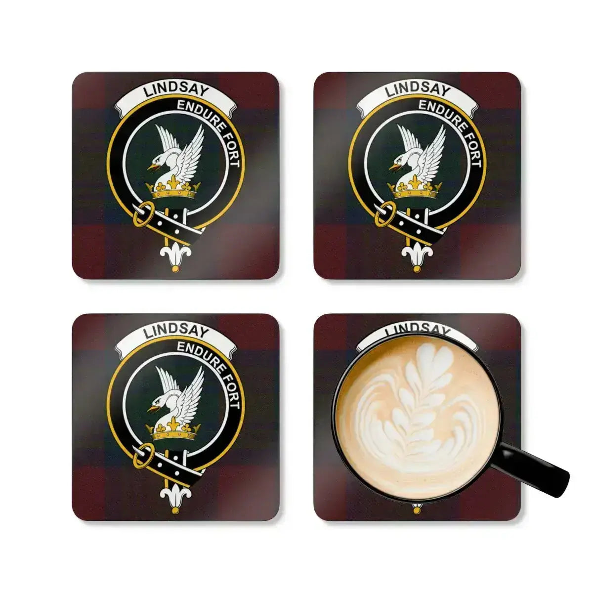 Lindsay Endure Fort eagle tartan coaster set — four cork coasters with clan heraldic design