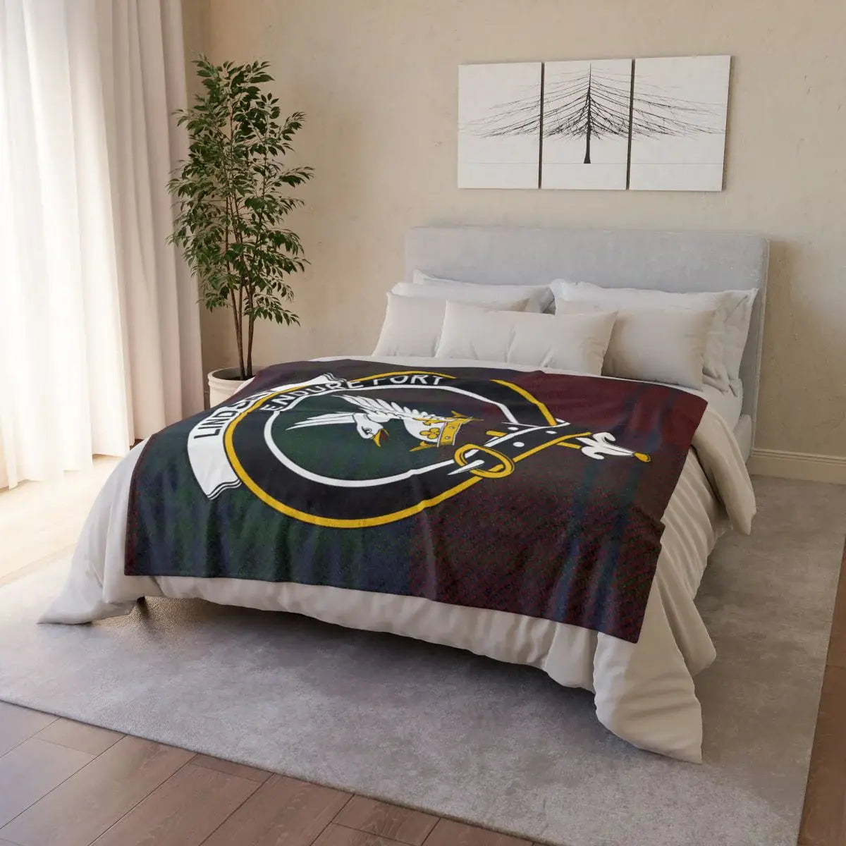 Lindsay clan crest throw blanket on sofa — lightweight 100% polyester with clan design