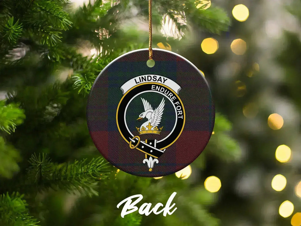 Lindsay clan crest Christmas tree ornament — double-sided glazed ceramic, 3-inch disc