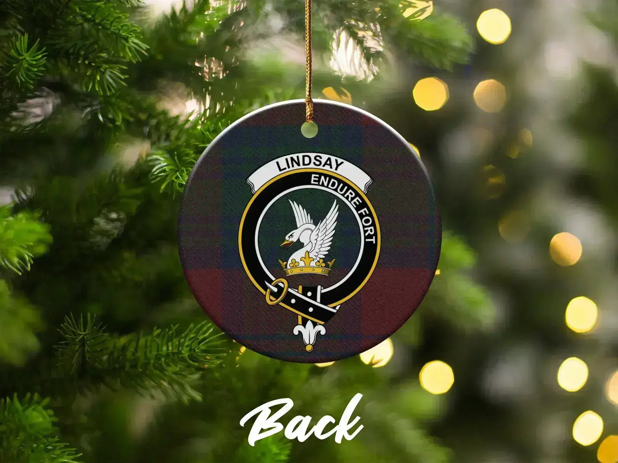 Lindsay clan crest Christmas tree ornament — double-sided glazed ceramic, 3-inch disc