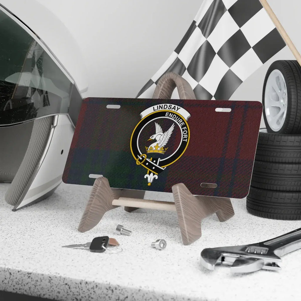 Lindsay clan crest tartan novelty license plate — 12x6 aluminium with Endure Fort eagle heraldic design
