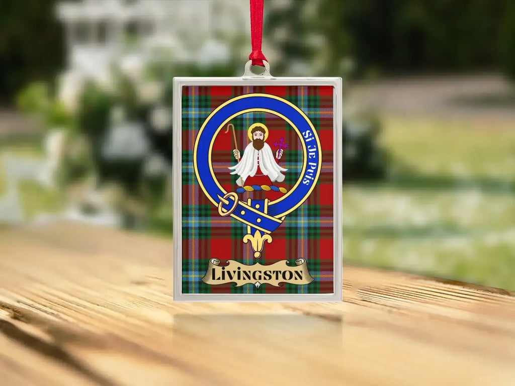 Livingston clan tartan ornament — badge and tartan design in polished metal frame, satin ribbon included
