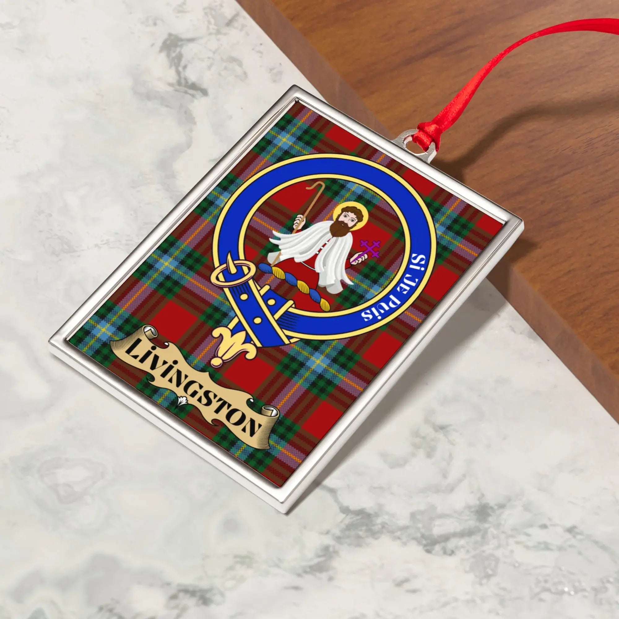 Livingston tartan frame ornament — one-sided print shown, 3.25x2.31 inch silver portrait frame
