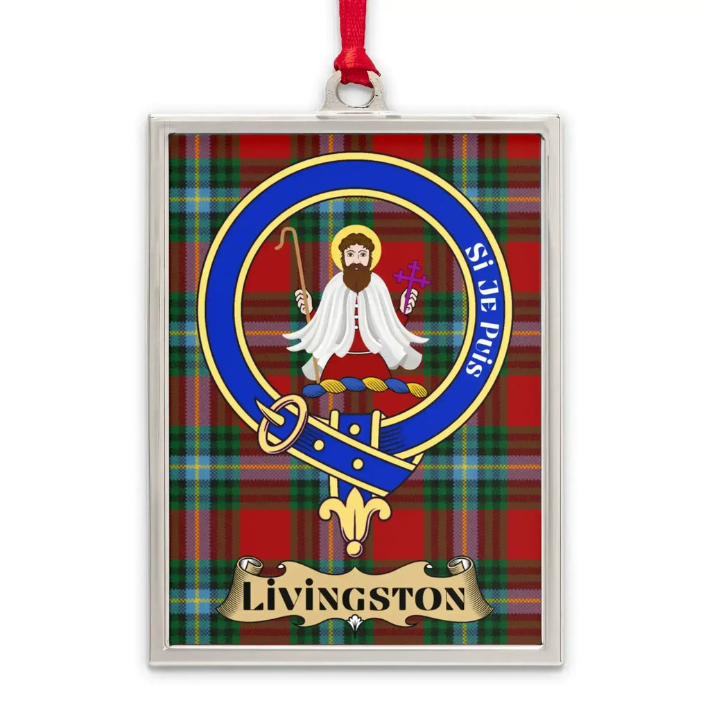 Livingston crest tartan ornament — displayed on tree, polished metal frame with hanging ribbon