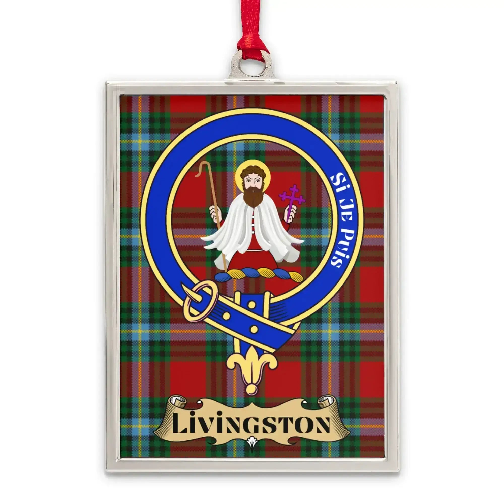 Livingston crest tartan ornament — displayed on tree, polished metal frame with hanging ribbon