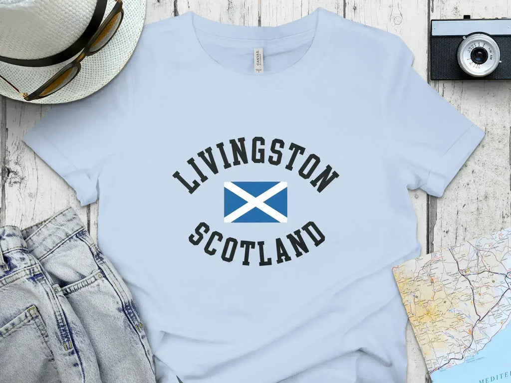 Livingston Scotland t-shirt — light blue cotton short sleeve with printed Scotland heritage design