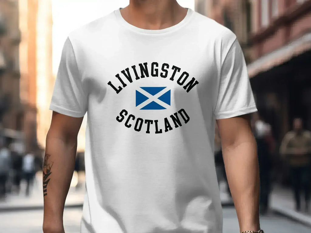 Livingston Scotland t-shirt — white cotton with bold printed graphic, European fit tear-away label