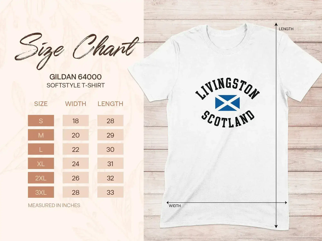 Livingston Scotland printed t-shirt — size chart showing S through 3XL, no side seams, true to size