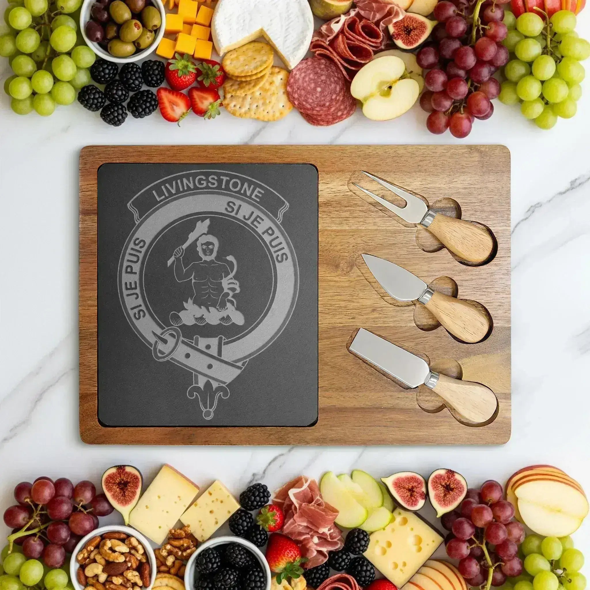 Clan Livingstone engraved charcuterie board — acacia and slate with Si Je Puis crest, 12.5x7.75 inch