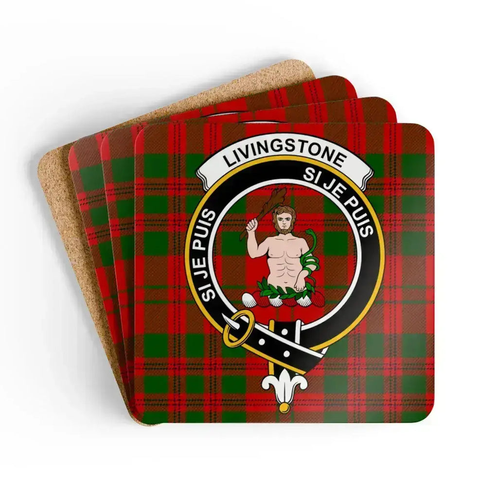 Clan Livingstone tartan coaster set — Si Je Puis crest on 3.75 inch square cork coaster