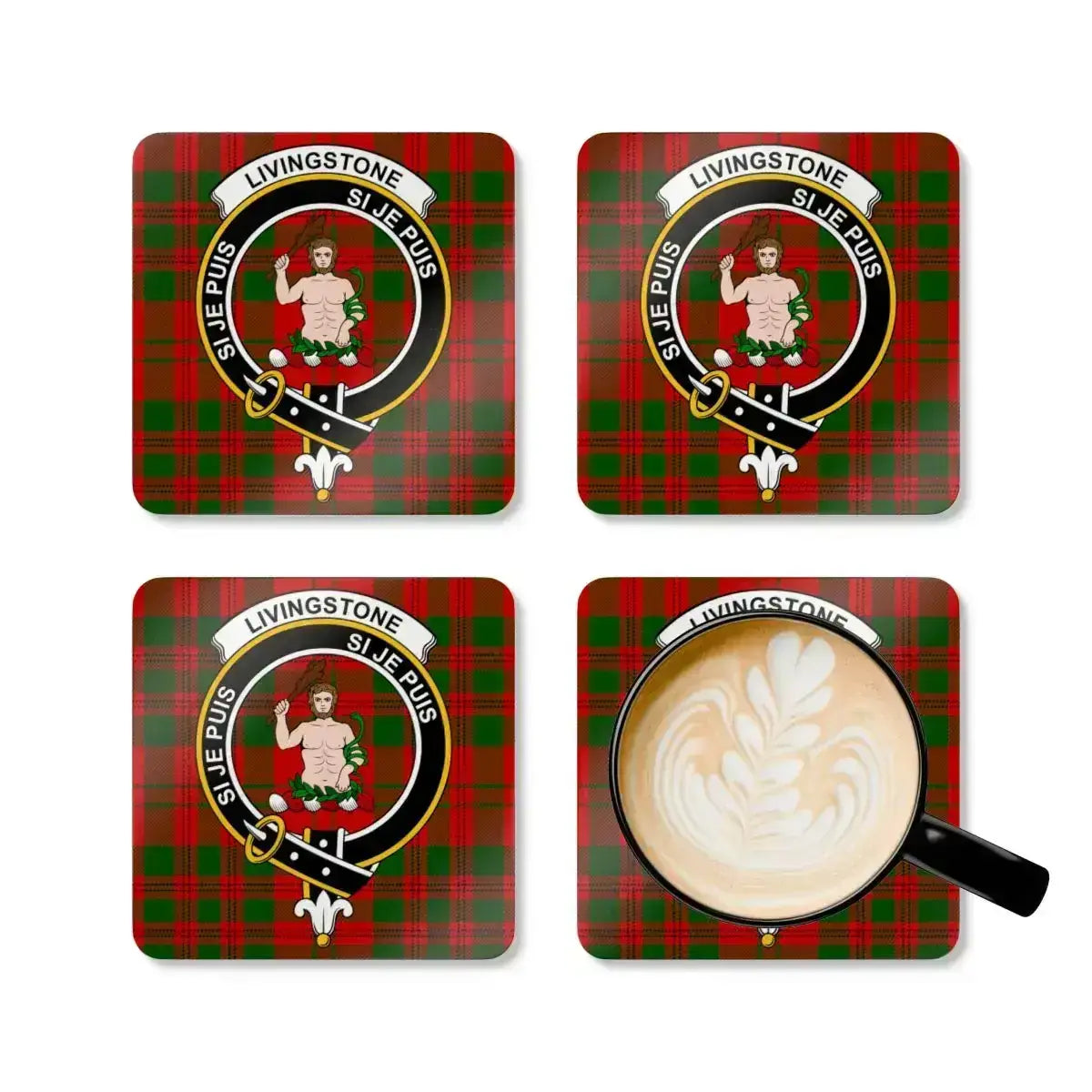 Clan Livingstone Si Je Puis coaster — glossy full colour tartan design on square cork base