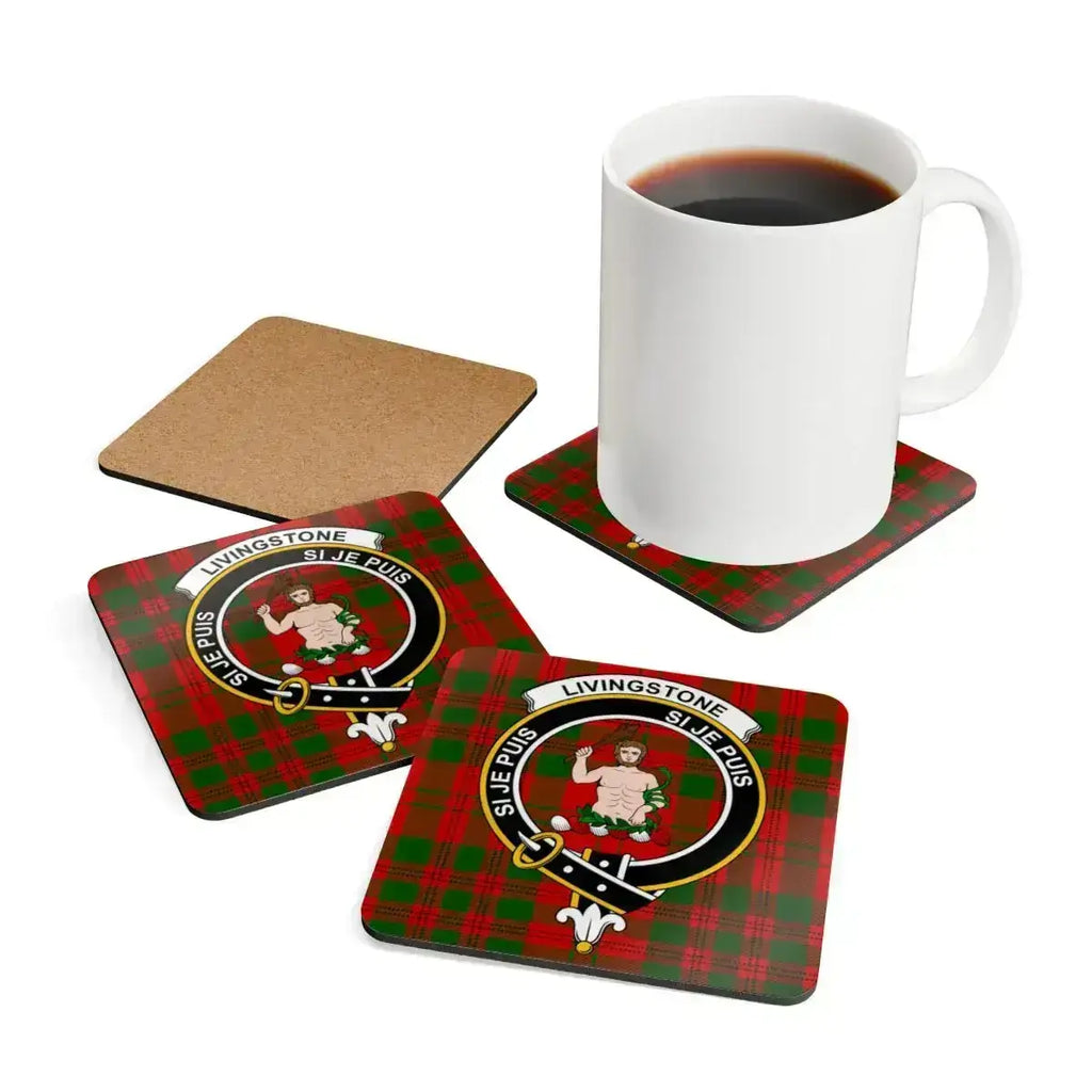 Clan Livingstone tartan coaster set — four coasters shown with Si Je Puis clan crest print