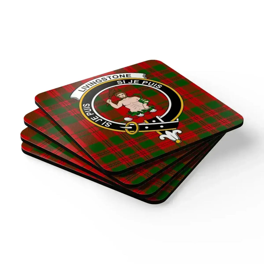 Clan Livingstone crest coaster — 3.75 inch square cork with glossy tartan pattern top