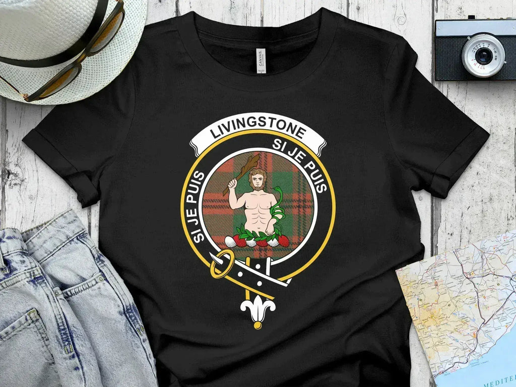 Clan Livingstone crest t-shirt — navy cotton short sleeve with printed Si Je Puis heraldic design